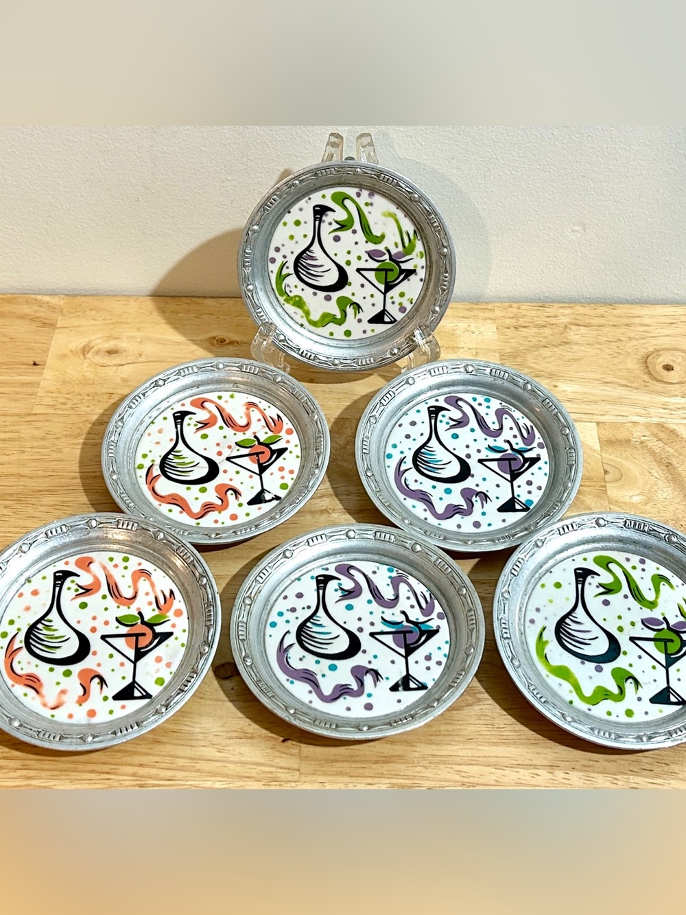 6pc Drink Coaster Farberware Wrought Al And Ceramic Atomic Era Barware MCM